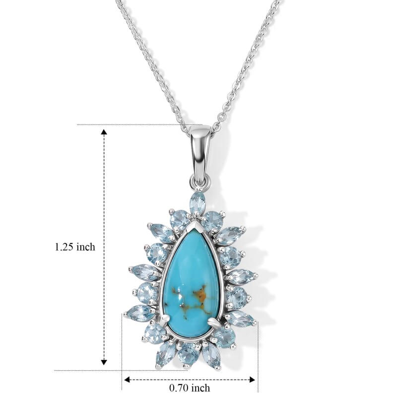 D'Joy Sonoran Turquoise and Lagoon Apatite 4.50 ctw Floral Spray Pendant Necklace in Rhodium Over Sterling Silver 20 Inches