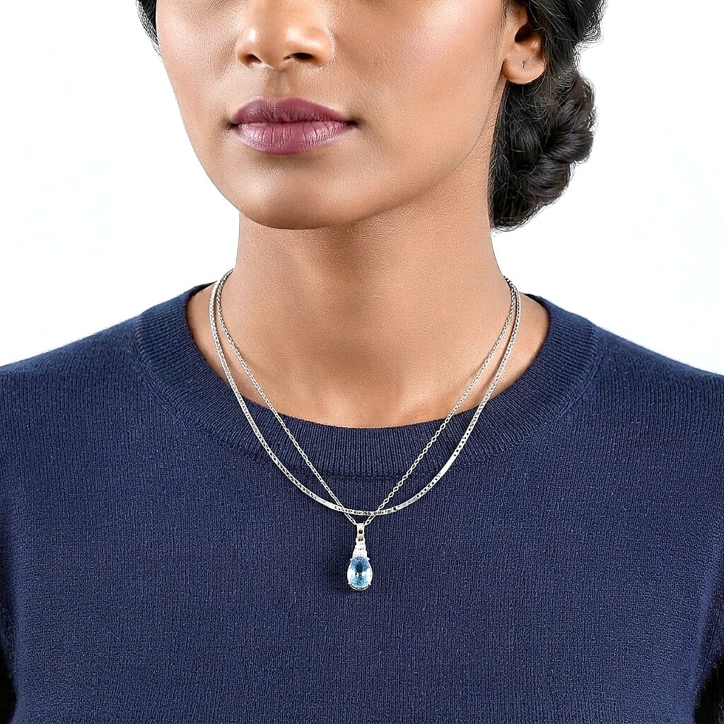 EverTrue Santa Maria Aquamarine and White Zircon 2.80 ctw Pendant in Platinum Bond with Stainless Steel Necklace (20 Inches)