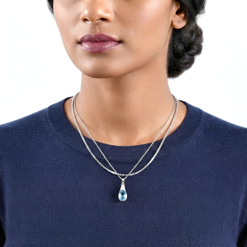 EverTrue Santa Maria Aquamarine and White Zircon 2.80 ctw Pendant in Platinum Bond with Stainless Steel Necklace (20 Inches)
