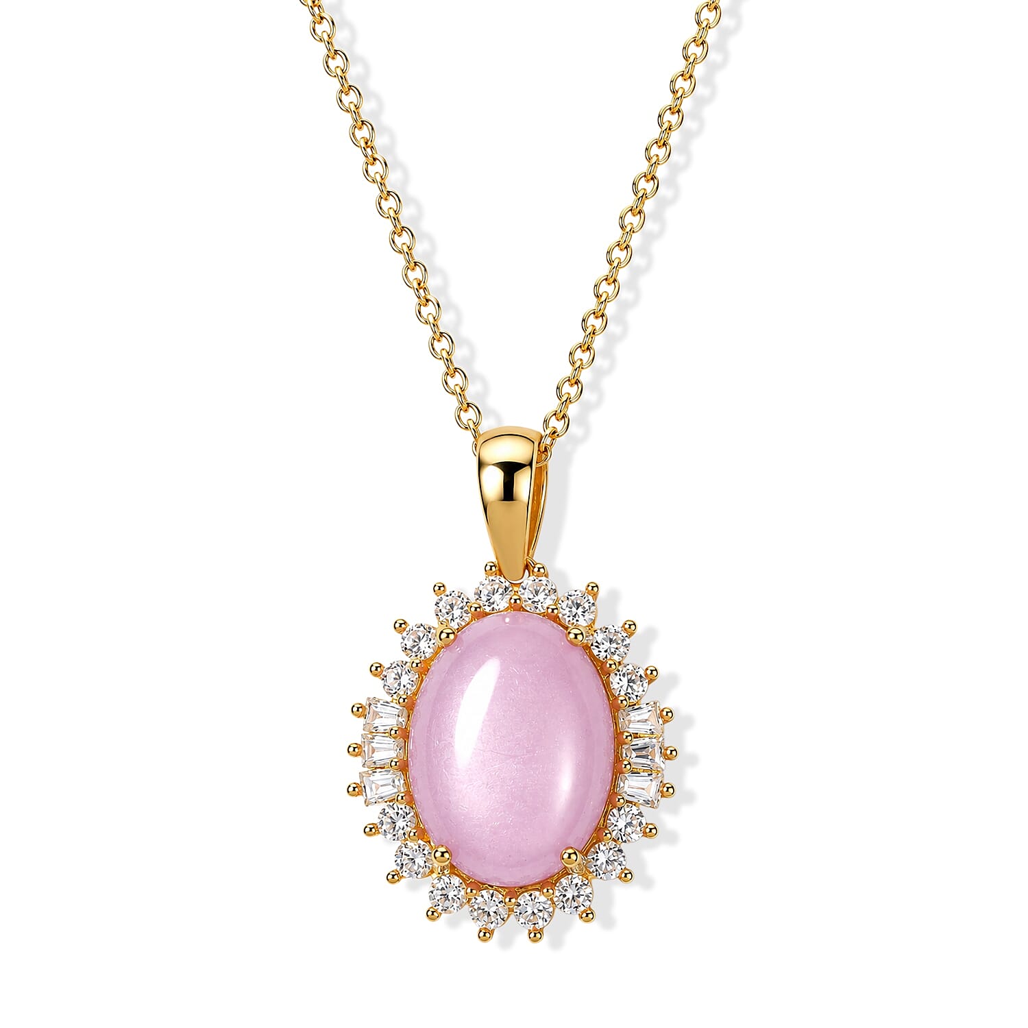 EverTrue Kunzite and White Zircon 12.80 ctw Pendant in 18K YG Plated with ION Plated YG Stainless Steel Necklace (20 Inches)
