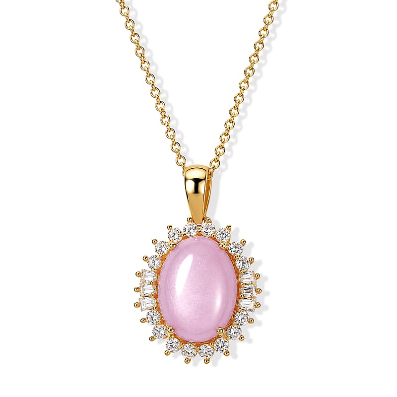 EverTrue Kunzite and White Zircon 12.80 ctw Pendant in 18K YG Plated with ION Plated YG Stainless Steel Necklace (20 Inches)