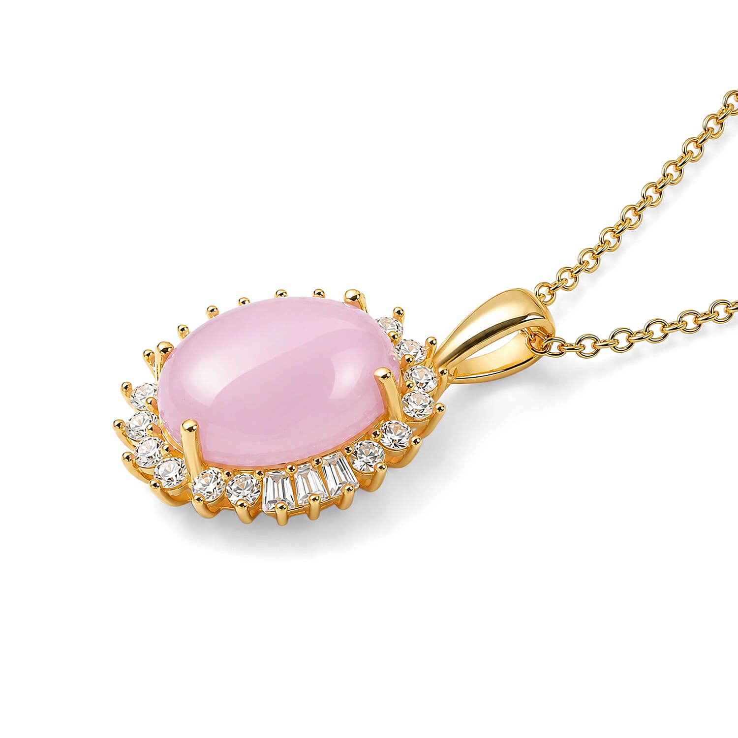 EverTrue Kunzite and White Zircon 12.80 ctw Pendant in 18K YG Plated with ION Plated YG Stainless Steel Necklace (20 Inches)