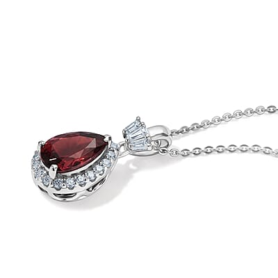 D'Joy Premium Tanzanian Raspberry Garnet and Moissanite 2.00 ctw Pendant Necklace in Rhodium Over Sterling Silver 18 Inches