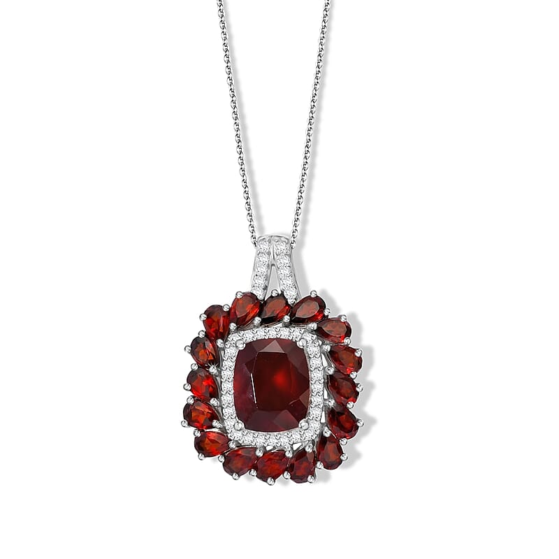 D'Joy Premium Honey Garnet and Moissanite 10.35 ctw Pendant Necklace in Rhodium Over Sterling Silver 20 Inches