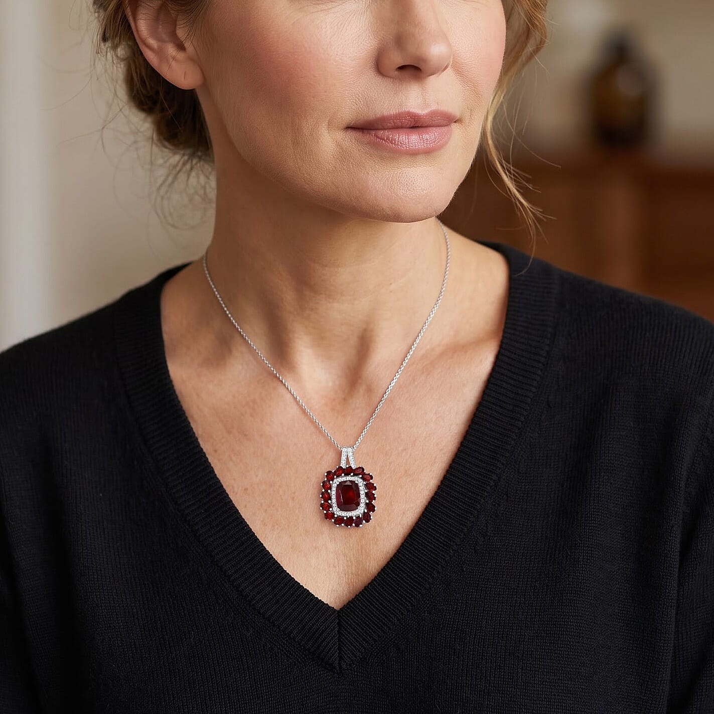 D'Joy Premium Honey Garnet and Moissanite 10.35 ctw Pendant Necklace in Rhodium Over Sterling Silver 20 Inches