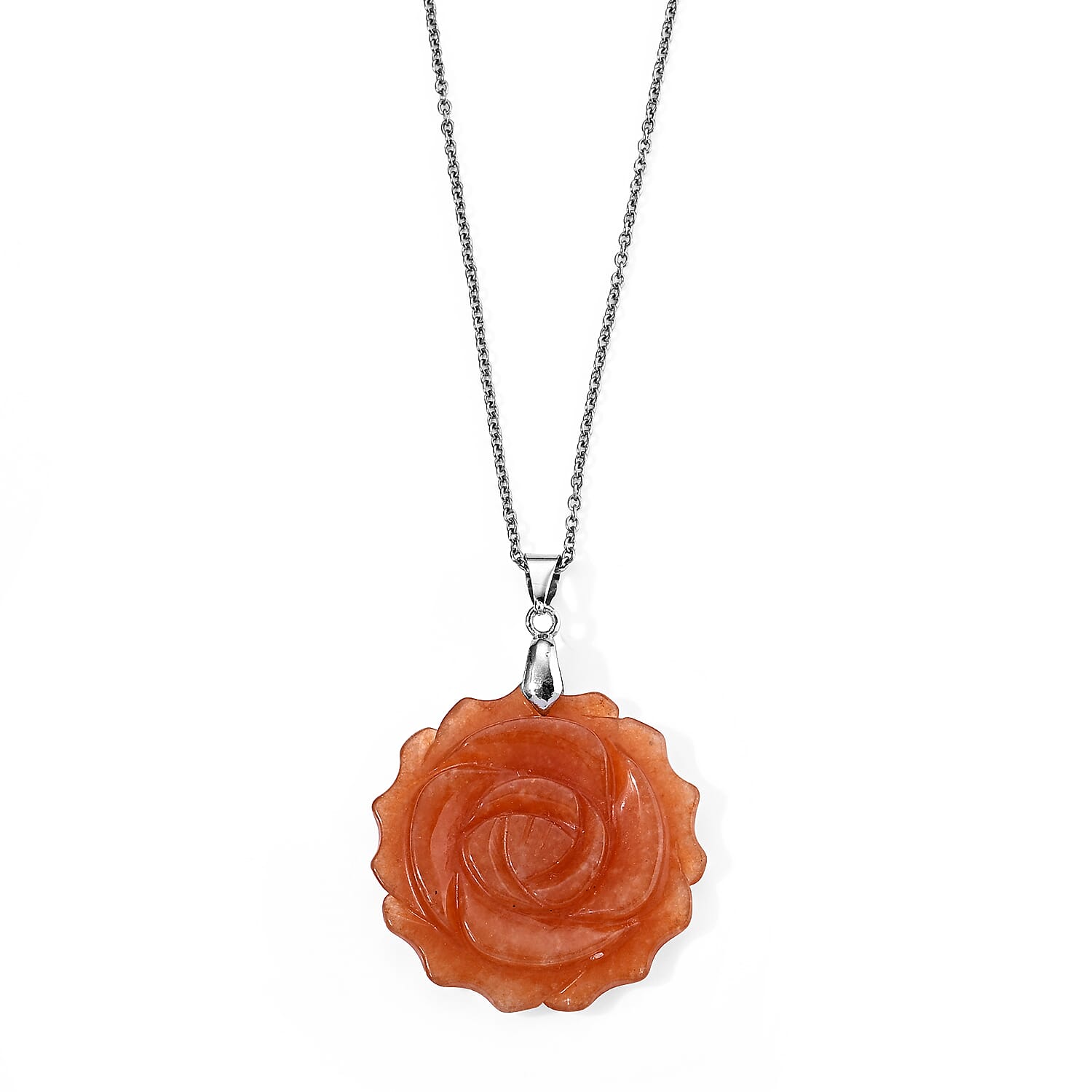 Red Aventurine 50.00 ctw Rose Pendant in Silvertone with Stainless Steel Necklace 20 Inches