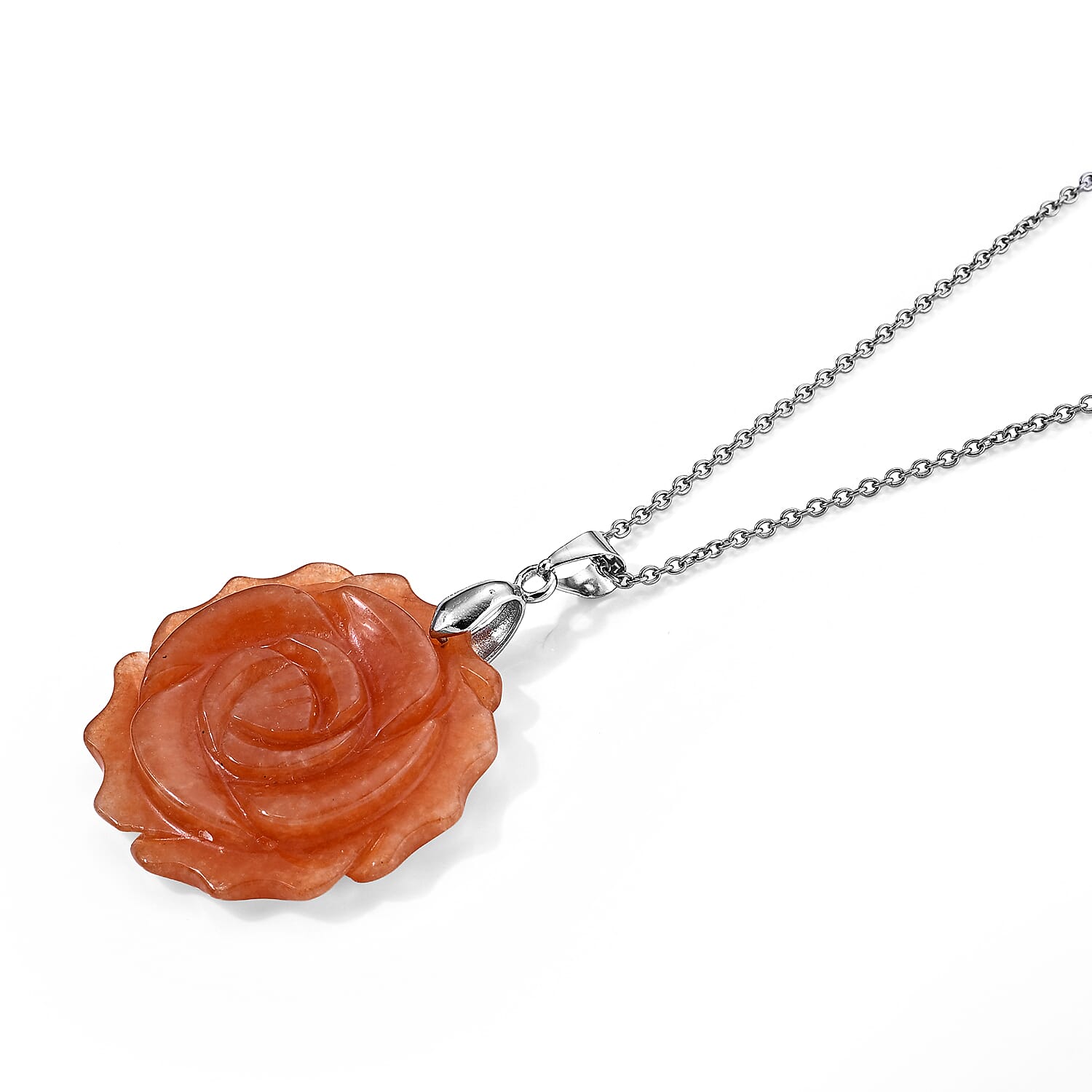 Red Aventurine 50.00 ctw Rose Pendant in Silvertone with Stainless Steel Necklace 20 Inches