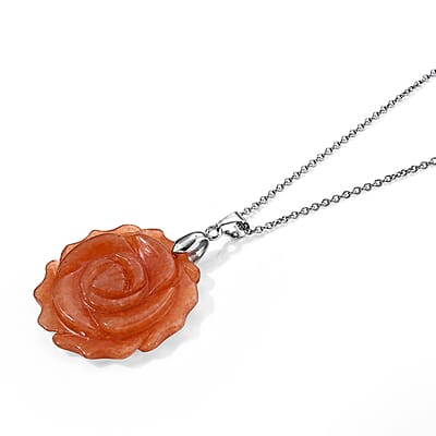 Red Aventurine 50.00 ctw Rose Pendant in Silvertone with Stainless Steel Necklace 20 Inches