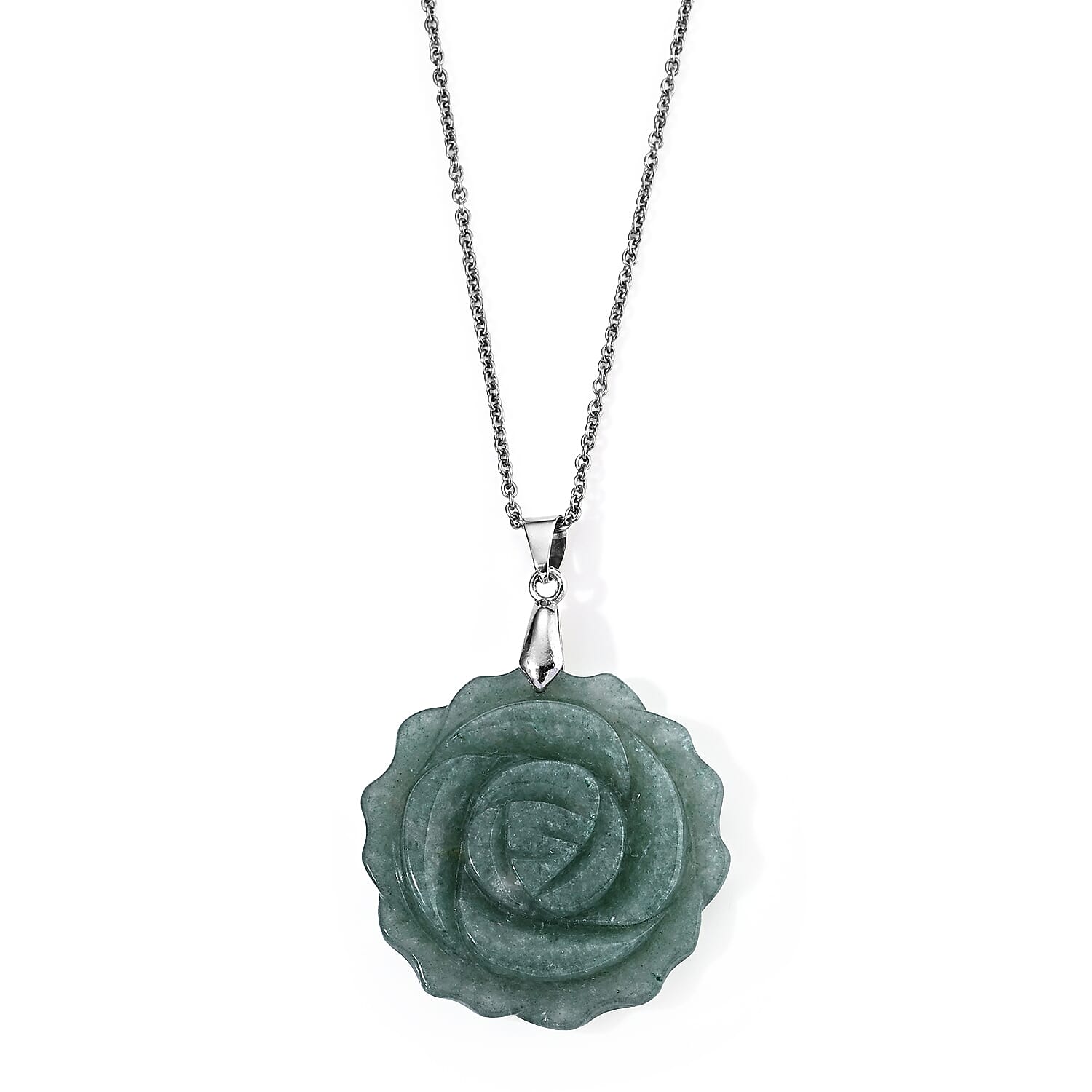 Green Aventurine 50.00 ctw Rose Pendant in Silvertone with Stainless Steel Necklace 20 Inches