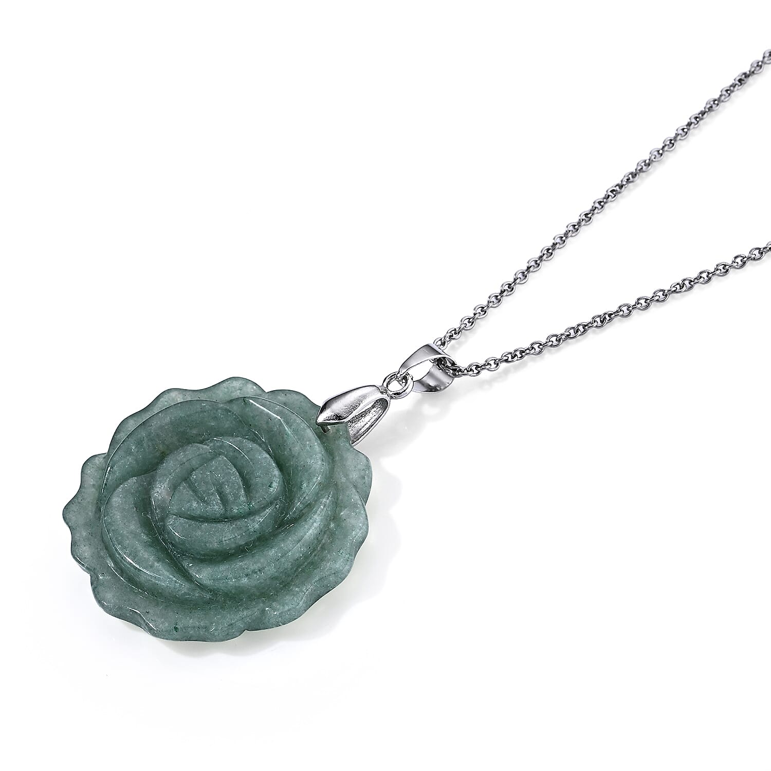 Green Aventurine 50.00 ctw Rose Pendant in Silvertone with Stainless Steel Necklace 20 Inches