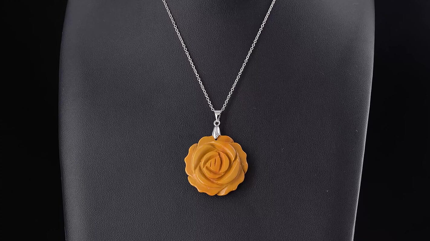 Red Aventurine 50.00 ctw Rose Pendant in Silvertone with Stainless Steel Necklace 20 Inches