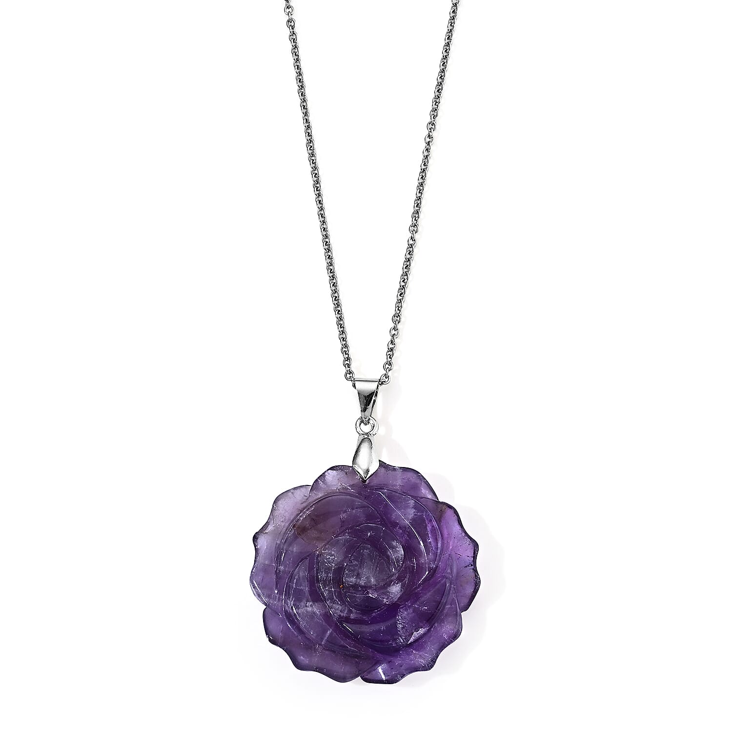 African Amethyst 50.00 ctw Rose Pendant in Silvertone with Stainless Steel Necklace 20 Inches