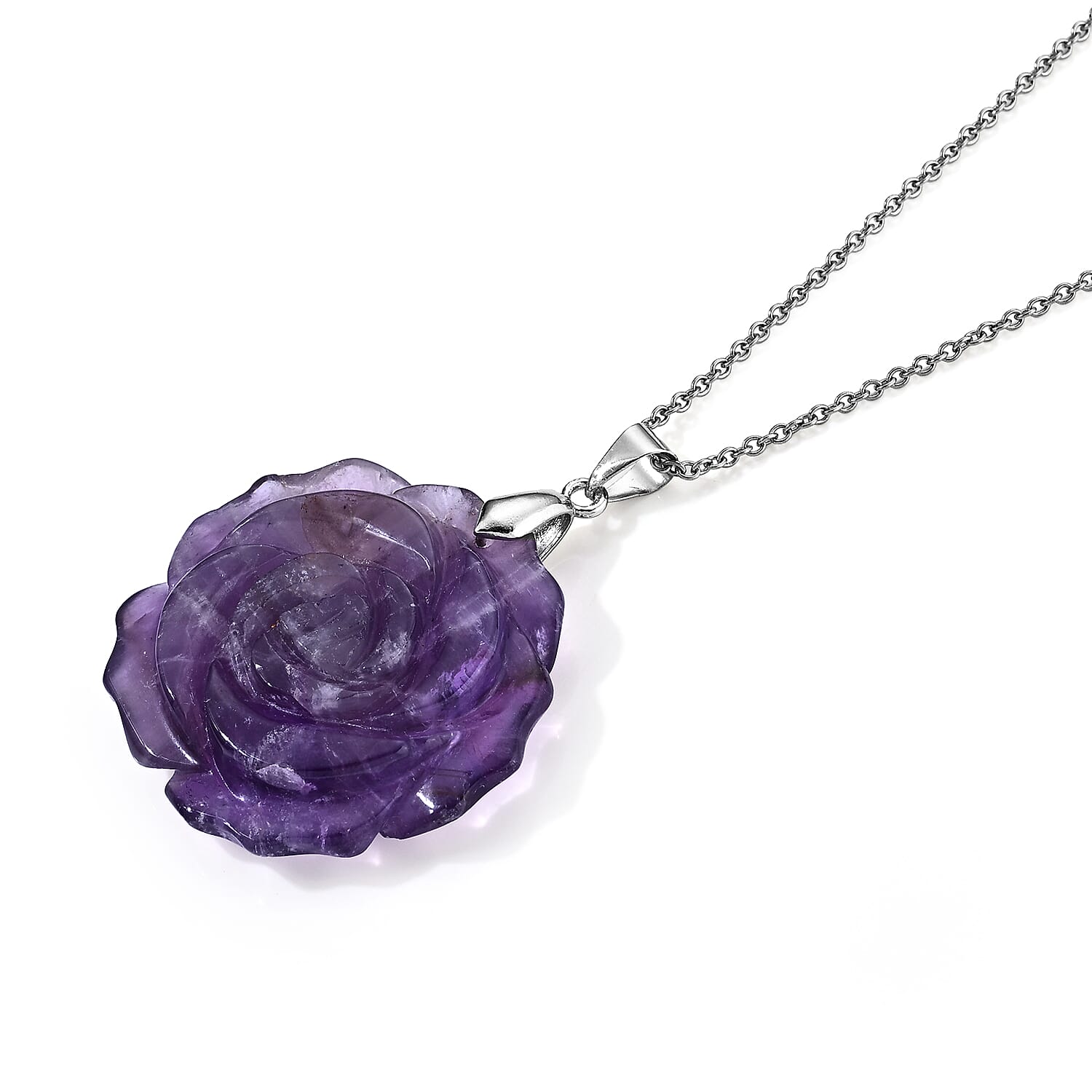 African Amethyst 50.00 ctw Rose Pendant in Silvertone with Stainless Steel Necklace 20 Inches