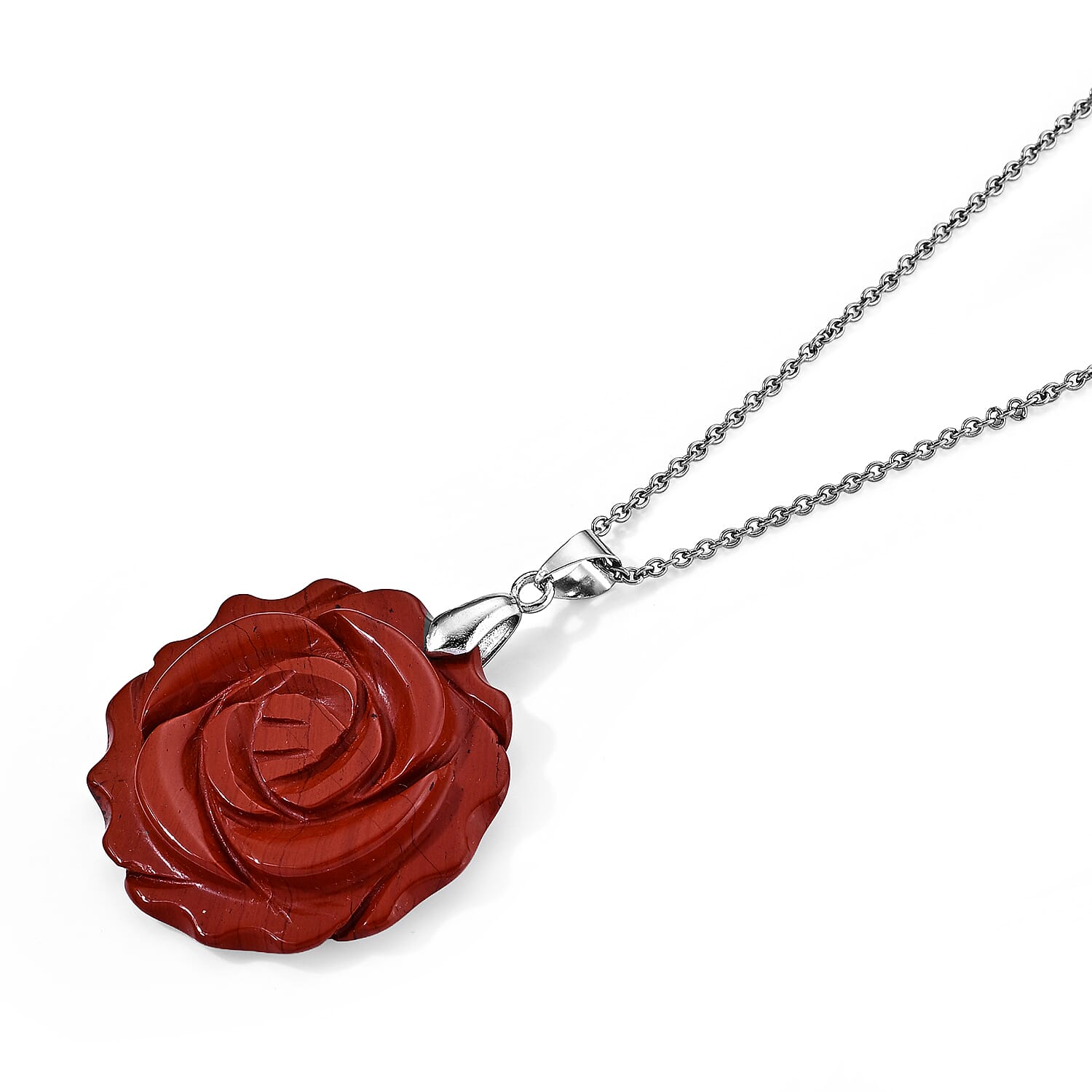 Red Jasper 50.00 ctw Rose Pendant in Silvertone with Stainless Steel Necklace 20 Inches