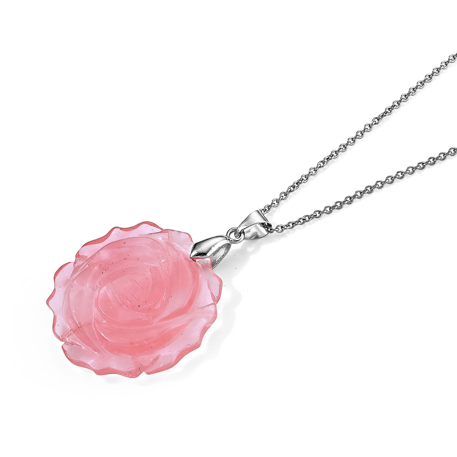 Cherry Quartz 50.00 ctw Rose Pendant in Silvertone with Stainless Steel Necklace 20 Inches