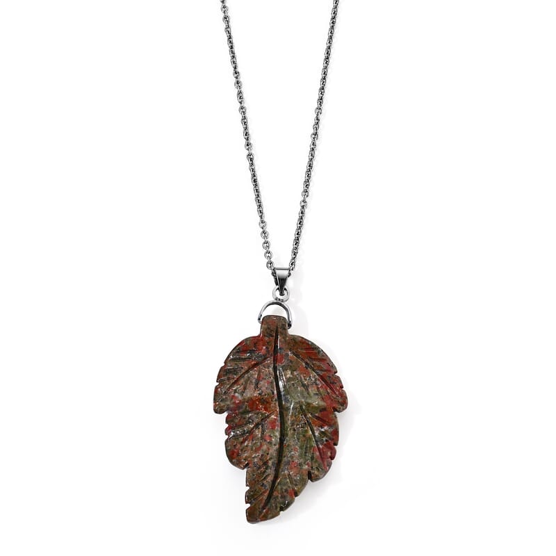 Unakite 15.00 ctw Leaf Pendant Necklace (20 Inches) in Stainless Steel