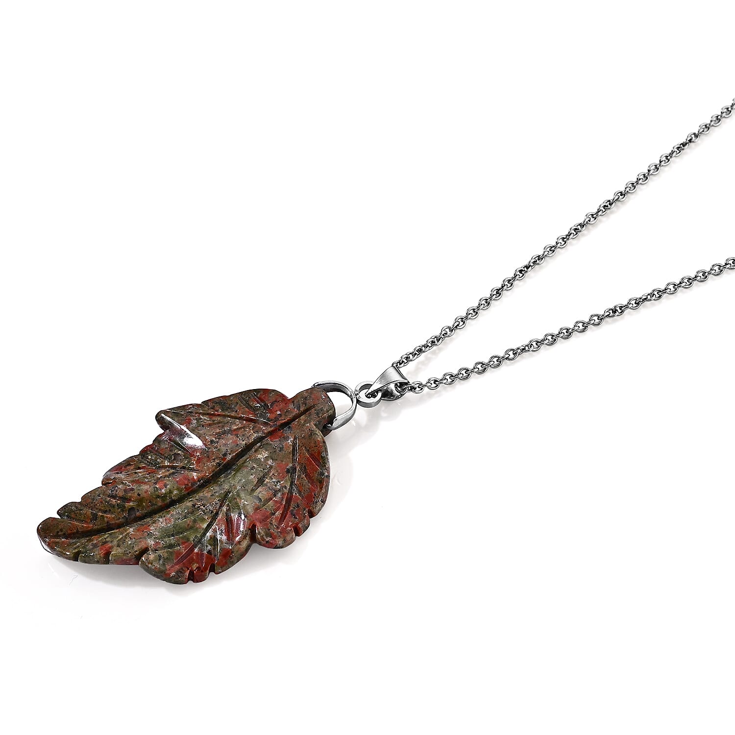 Unakite 15.00 ctw Leaf Pendant Necklace (20 Inches) in Stainless Steel