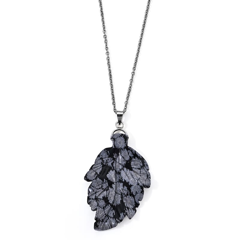 Snow Flake Obsidian 15.00 ctw Leaf Pendant Necklace (20 Inches) in Stainless Steel