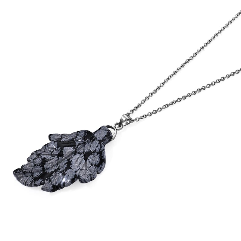 Snow Flake Obsidian 15.00 ctw Leaf Pendant Necklace (20 Inches) in Stainless Steel