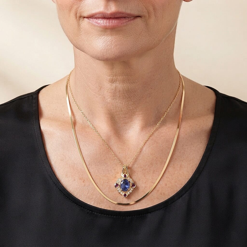 EverTrue Tanzanite and Multi Gemstone 3.40 ctw Pendant in 18K YG Plated with ION Plated YG Stainless Steel Necklace 20 Inches