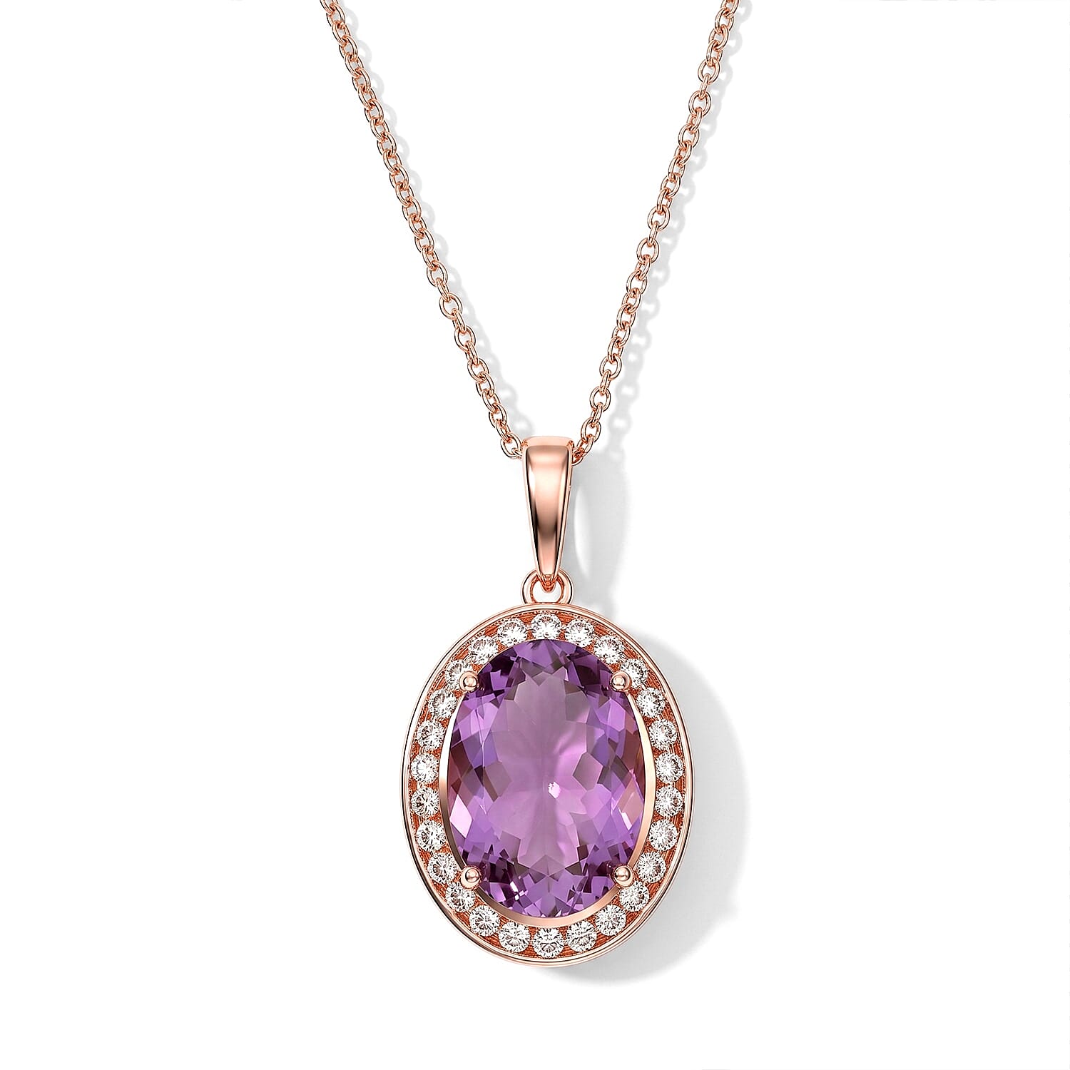 EverTrue Rose De Fance Amethyst and White Zircon 13.40 ctw Pendant in 18K RG Plated with ION Plated RG Stainless Steel (20 Inches)
