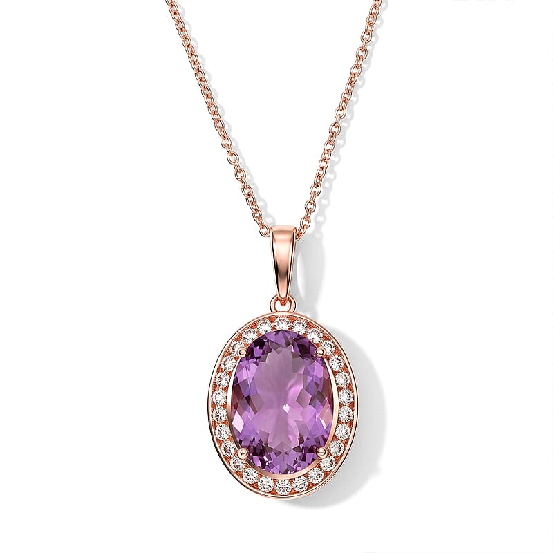 EverTrue Rose De Fance Amethyst and White Zircon 13.40 ctw Pendant in 18K RG Plated with ION Plated RG Stainless Steel (20 Inches)