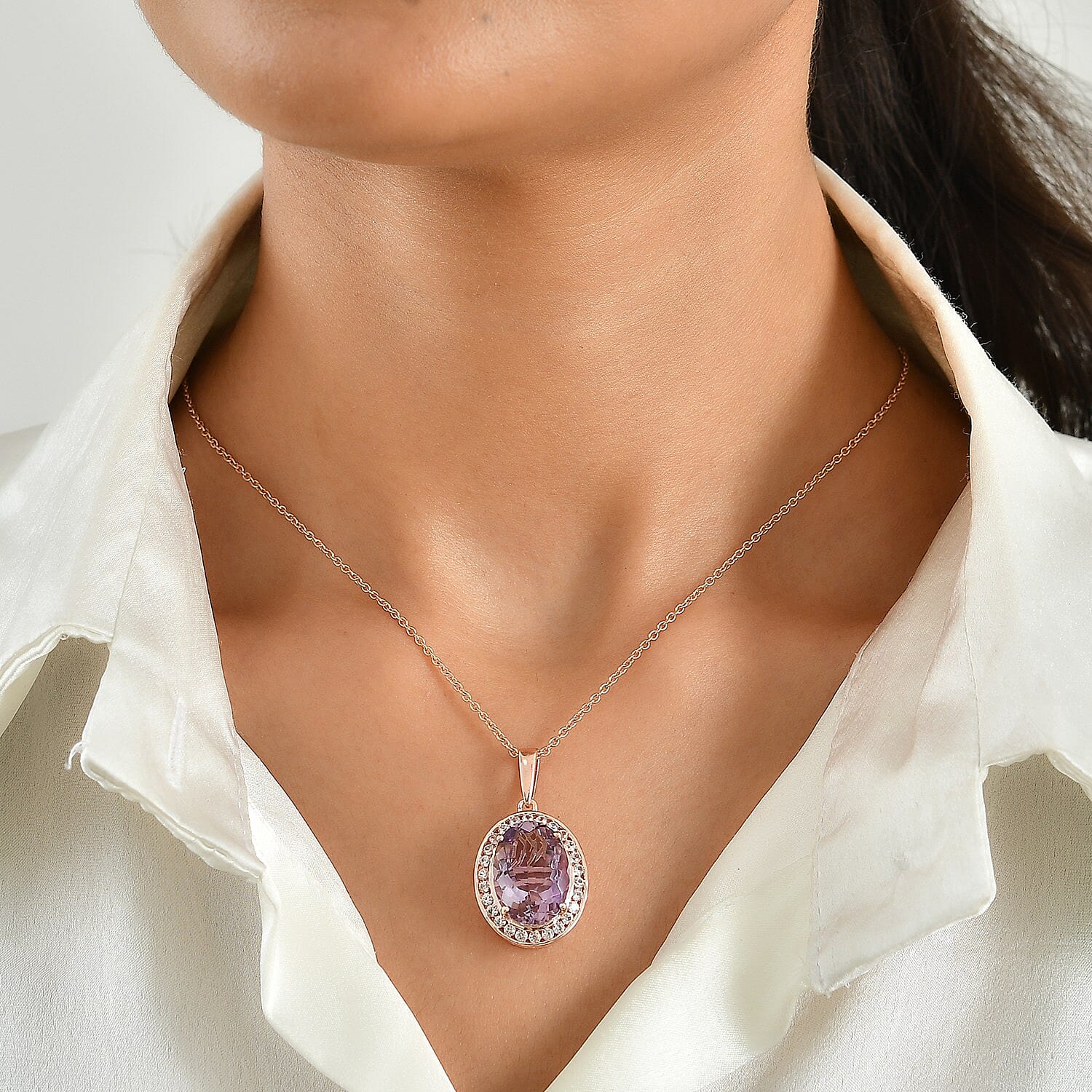 EverTrue Rose De Fance Amethyst and White Zircon 13.40 ctw Pendant in 18K RG Plated with ION Plated RG Stainless Steel (20 Inches)