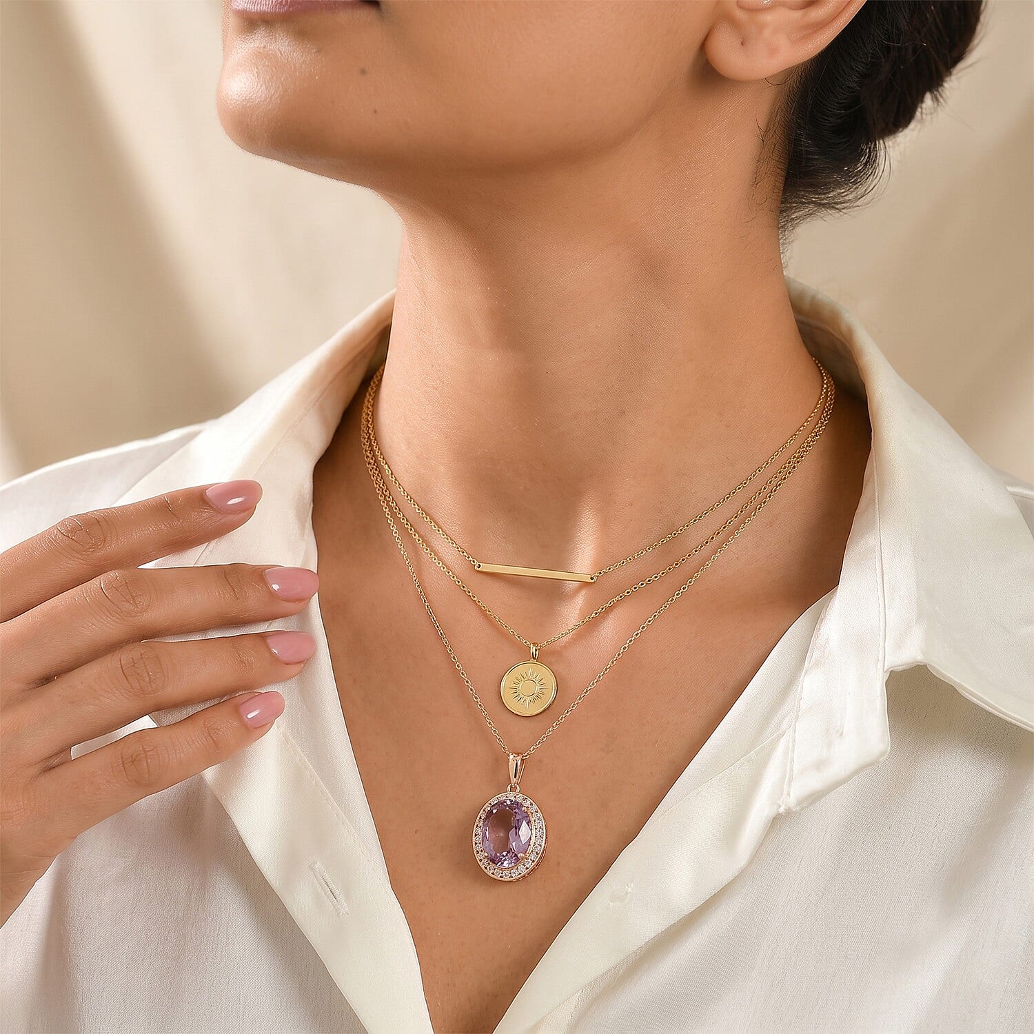 EverTrue Rose De Fance Amethyst and White Zircon 13.40 ctw Pendant in 18K RG Plated with ION Plated RG Stainless Steel (20 Inches)