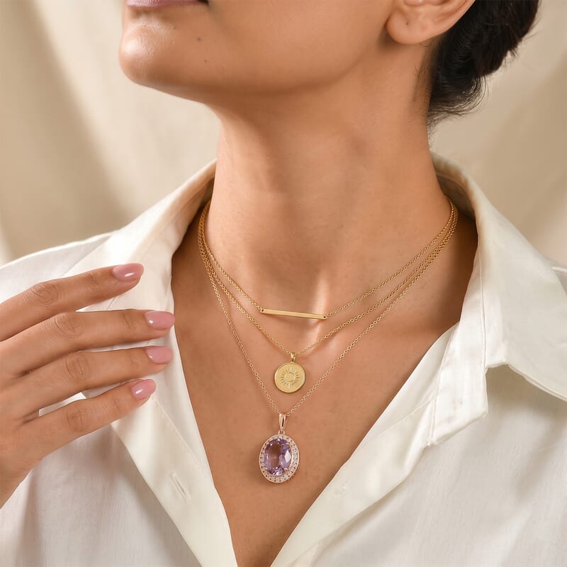 EverTrue Rose De Fance Amethyst and White Zircon 13.40 ctw Stellar Halo Pendant in 18K RG Plated with ION Plated RG Stainless Steel (20 Inches)