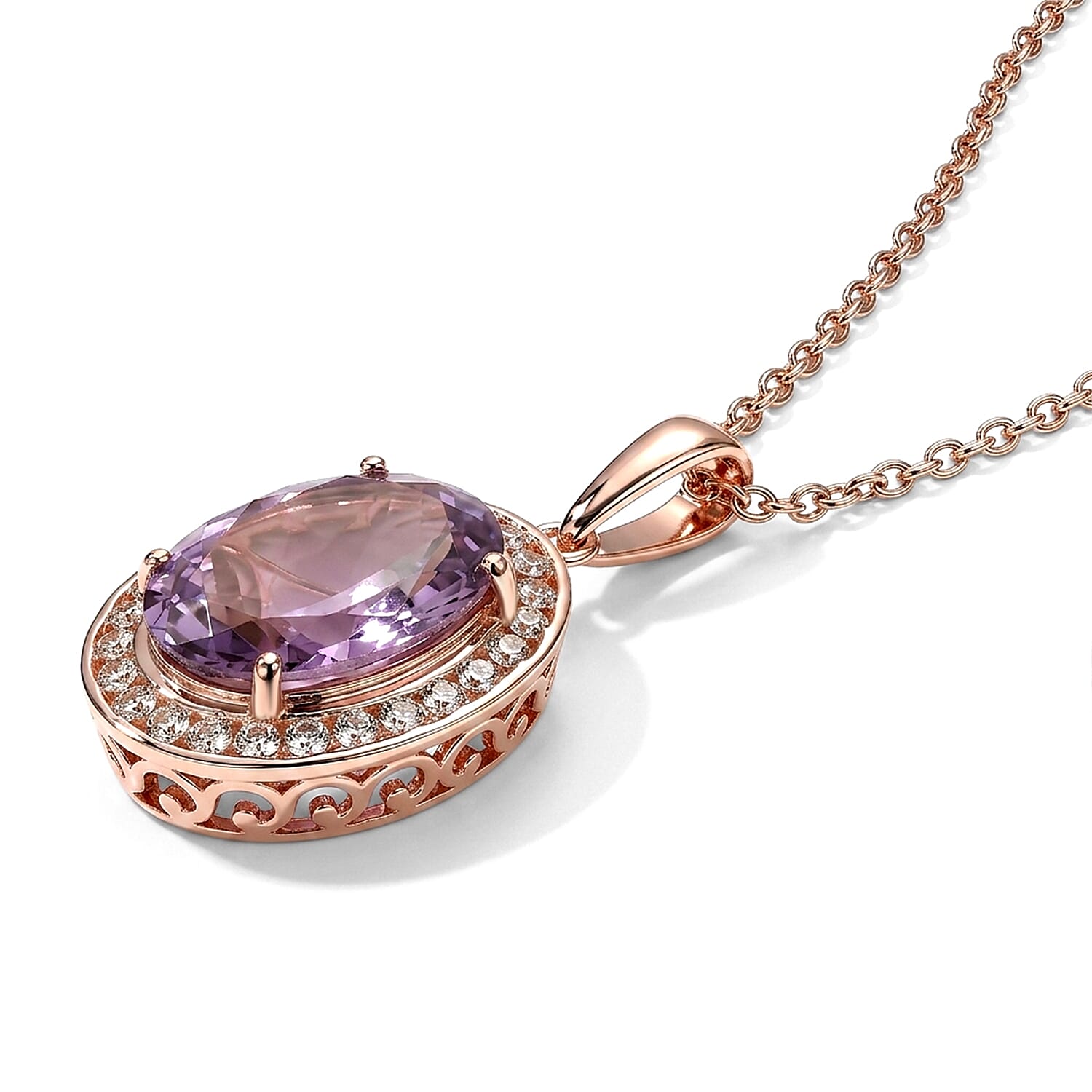 EverTrue Rose De Fance Amethyst and White Zircon 13.40 ctw Pendant in 18K RG Plated with ION Plated RG Stainless Steel (20 Inches)