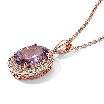 EverTrue Rose De Fance Amethyst and White Zircon 13.40 ctw Pendant in 18K RG Plated with ION Plated RG Stainless Steel (20 Inches)