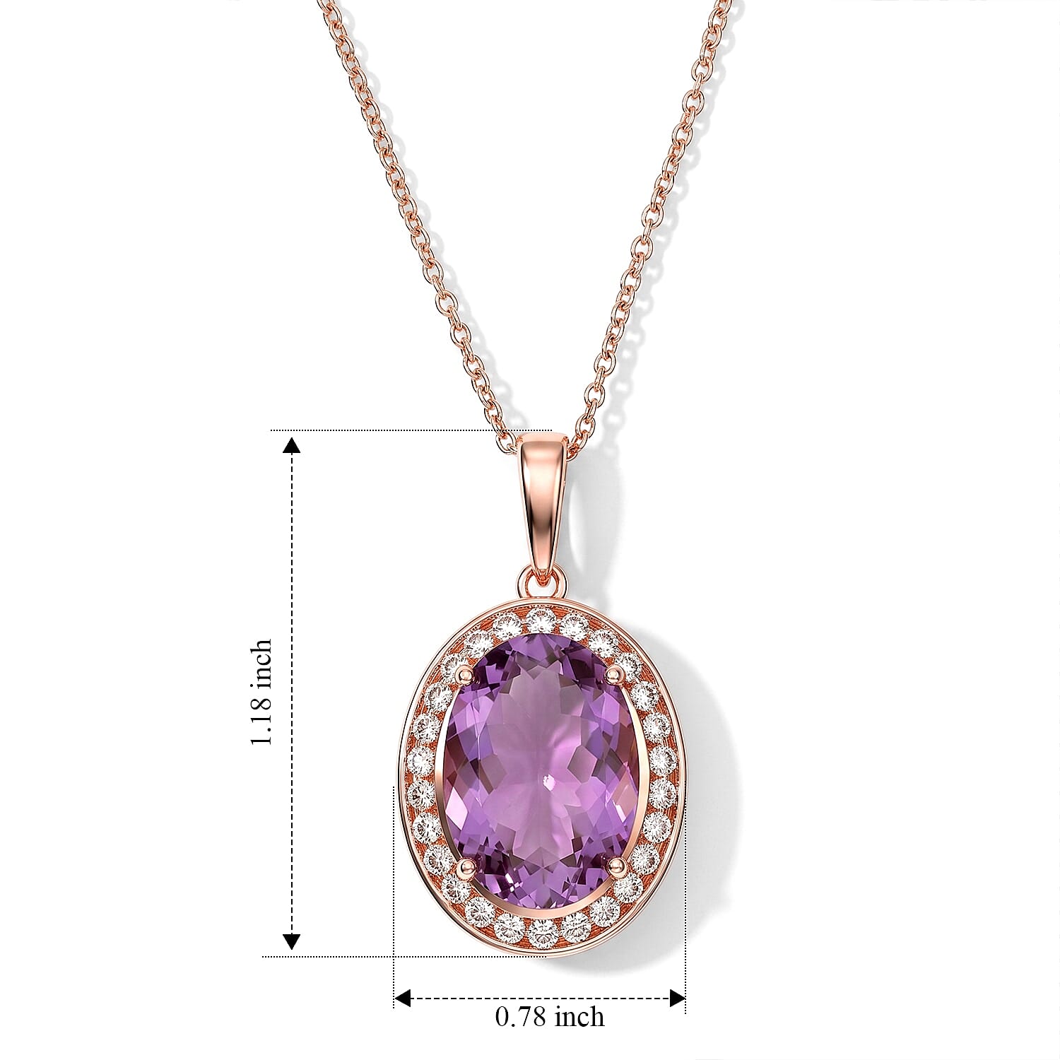EverTrue Rose De Fance Amethyst and White Zircon 13.40 ctw Pendant in 18K RG Plated with ION Plated RG Stainless Steel (20 Inches)