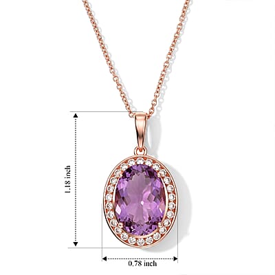 EverTrue Rose De Fance Amethyst and White Zircon 13.40 ctw Pendant in 18K RG Plated with ION Plated RG Stainless Steel (20 Inches)