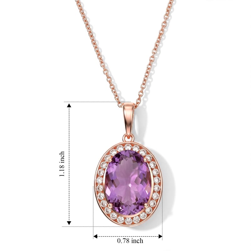 EverTrue Rose De Fance Amethyst and White Zircon 13.40 ctw Stellar Halo Pendant in 18K RG Plated with ION Plated RG Stainless Steel (20 Inches)