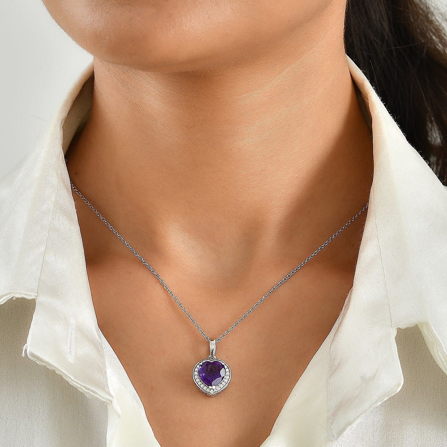 EverTrue African Amethyst and Moissanite 3.20 ctw Pendant in Platinum Bond with Stainless Steel (20 Inches)
