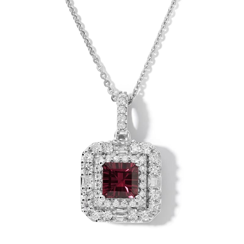 D'Joy Concave Cut Premium Tanzanian Mahenge Garnet and Moissanite 2.15 ctw Pendant Necklace in Rhodium Over Sterling Silver 18 Inches