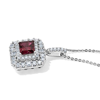 D'Joy Concave Cut Premium Tanzanian Raspberry Garnet and Moissanite 2.15 ctw Pendant Necklace in Rhodium Over Sterling Silver 18 Inches