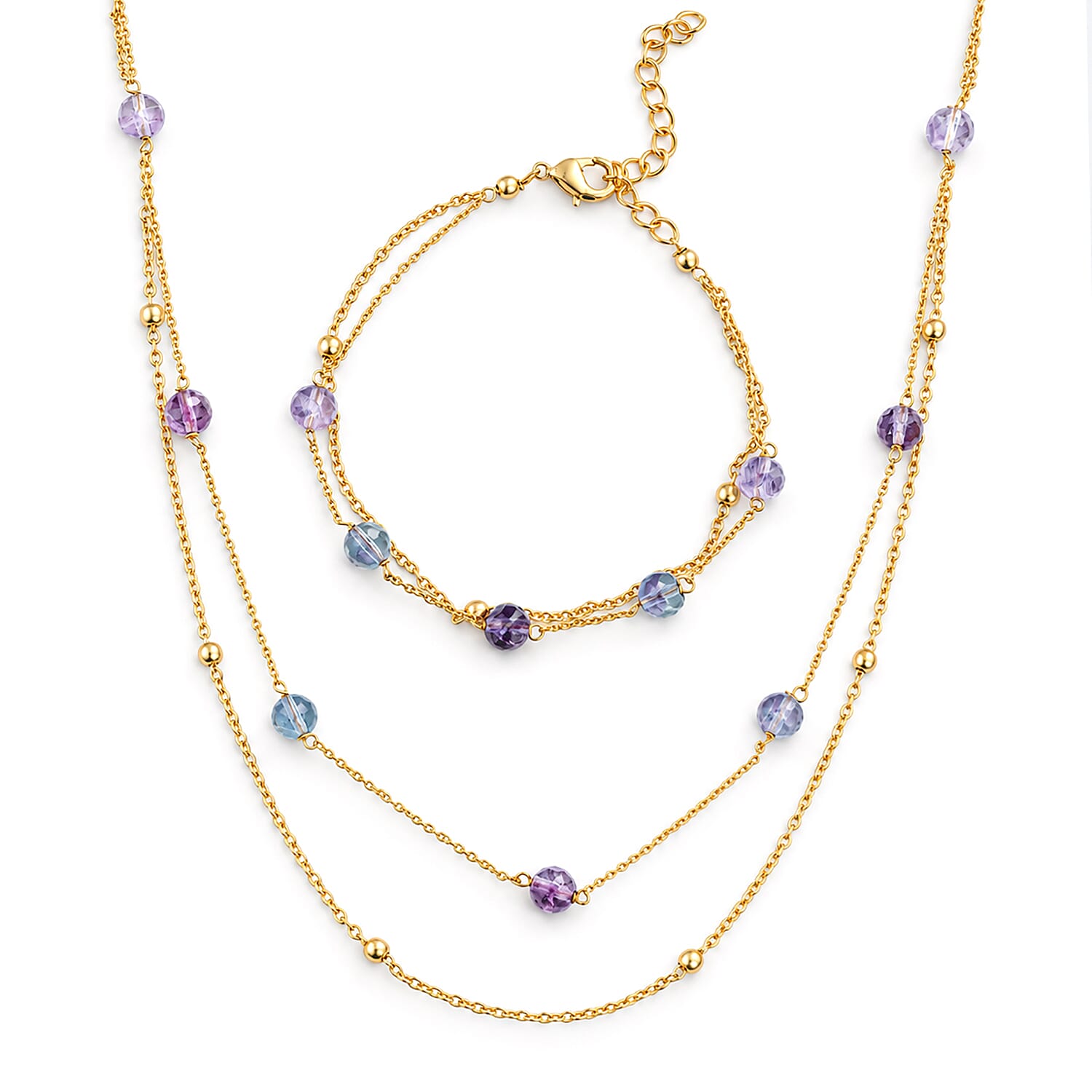 Fluorite 20.40 ctw Bracelet (7.5-9.5In) and Necklace (18-20 Inches) in Goldtone