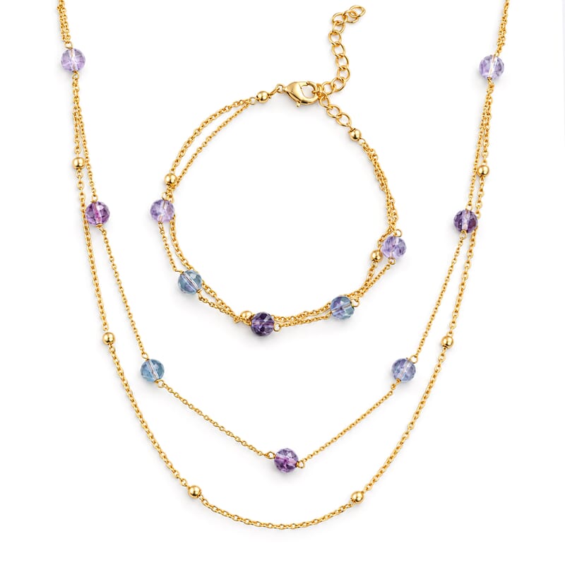 Fluorite 20.40 ctw Bracelet (7.5-9.5In) and Necklace (18-20 Inches) in Goldtone
