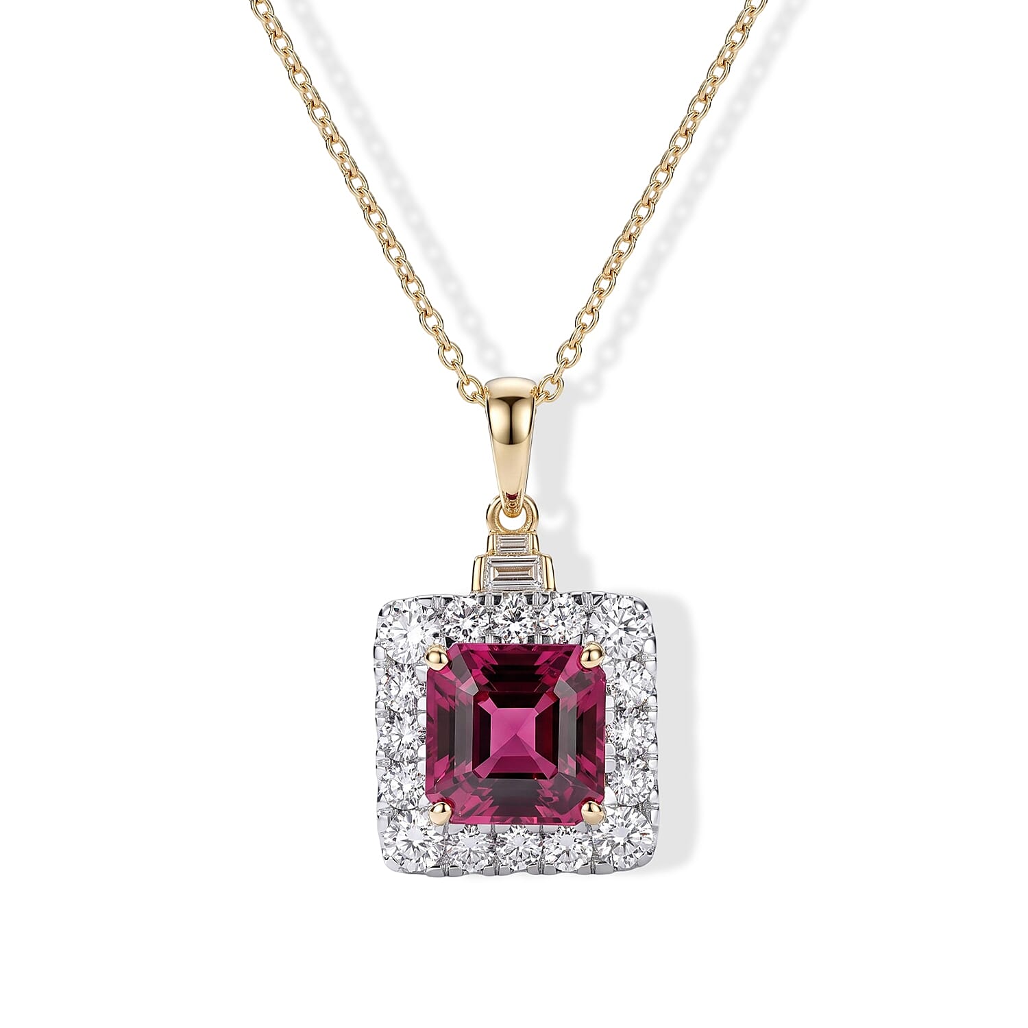 Certified & Appraised AAA Malawi Magenta Garnet and Luxuriant Lab Grown Diamond G-H SI 4.30 ctw Pendant Necklace in 10K Yellow Gold 18 Inches