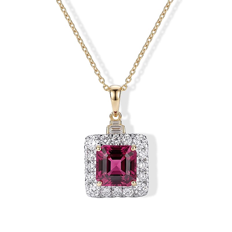 Certified & Appraised AAA Malawi Magenta Garnet and Luxuriant Lab Grown Diamond G-H SI 4.30 ctw Pendant Necklace in 10K Yellow Gold 18 Inches
