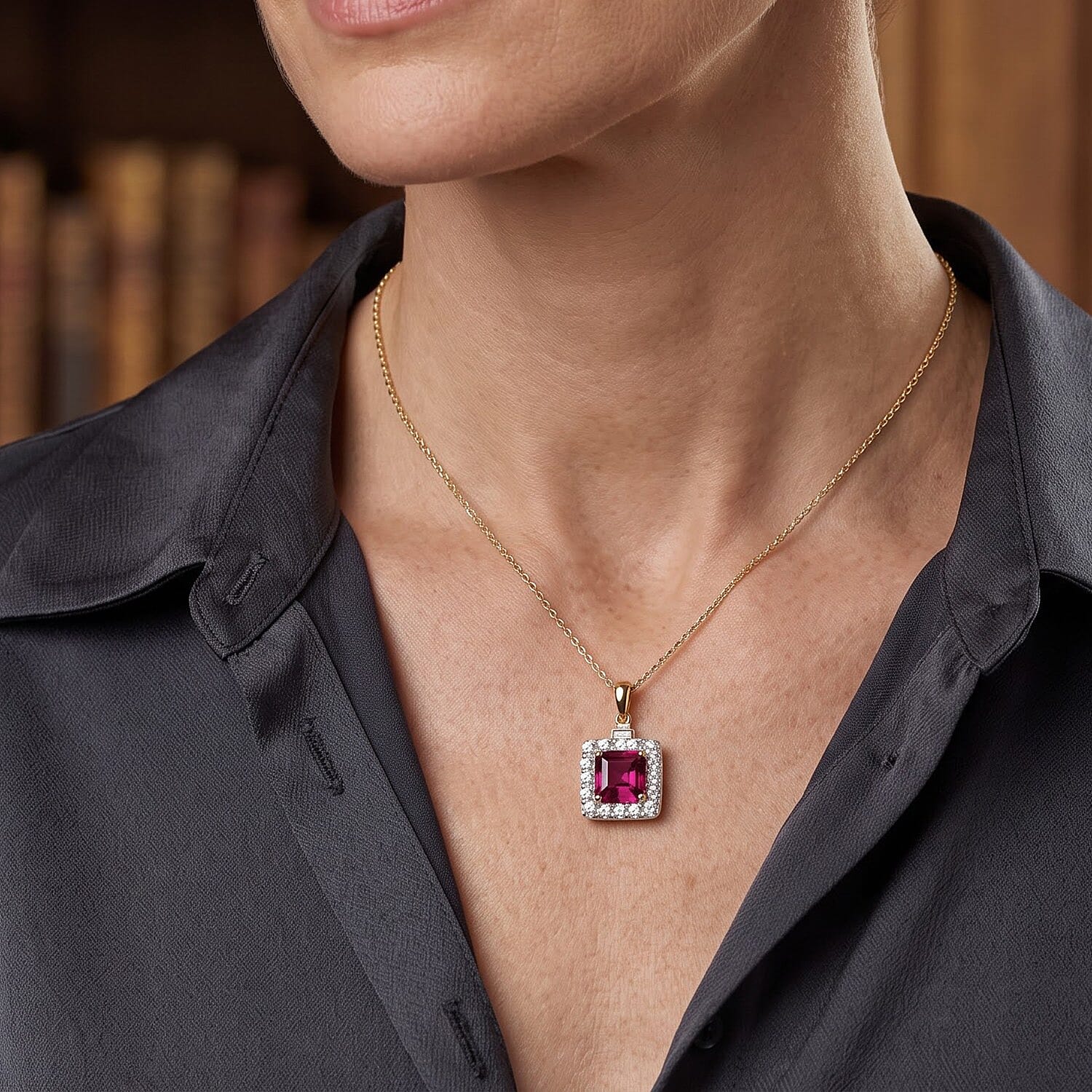 Certified & Appraised AAA Malawi Magenta Garnet and Luxuriant Lab Grown Diamond G-H SI 4.30 ctw Pendant Necklace in 10K Yellow Gold 18 Inches