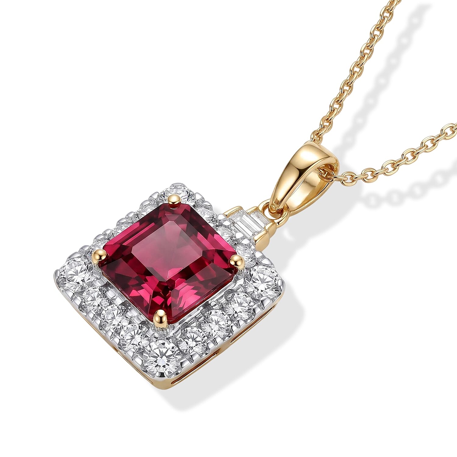 Certified & Appraised AAA Malawi Magenta Garnet and Luxuriant Lab Grown Diamond G-H SI 4.30 ctw Pendant Necklace in 10K Yellow Gold 18 Inches