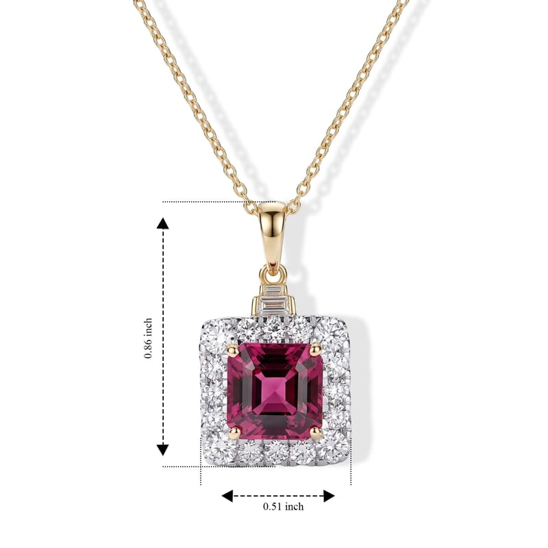 Certified & Appraised AAA Malawi Magenta Garnet and Luxuriant Lab Grown Diamond G-H SI 4.30 ctw Pendant Necklace in 10K Yellow Gold 18 Inches