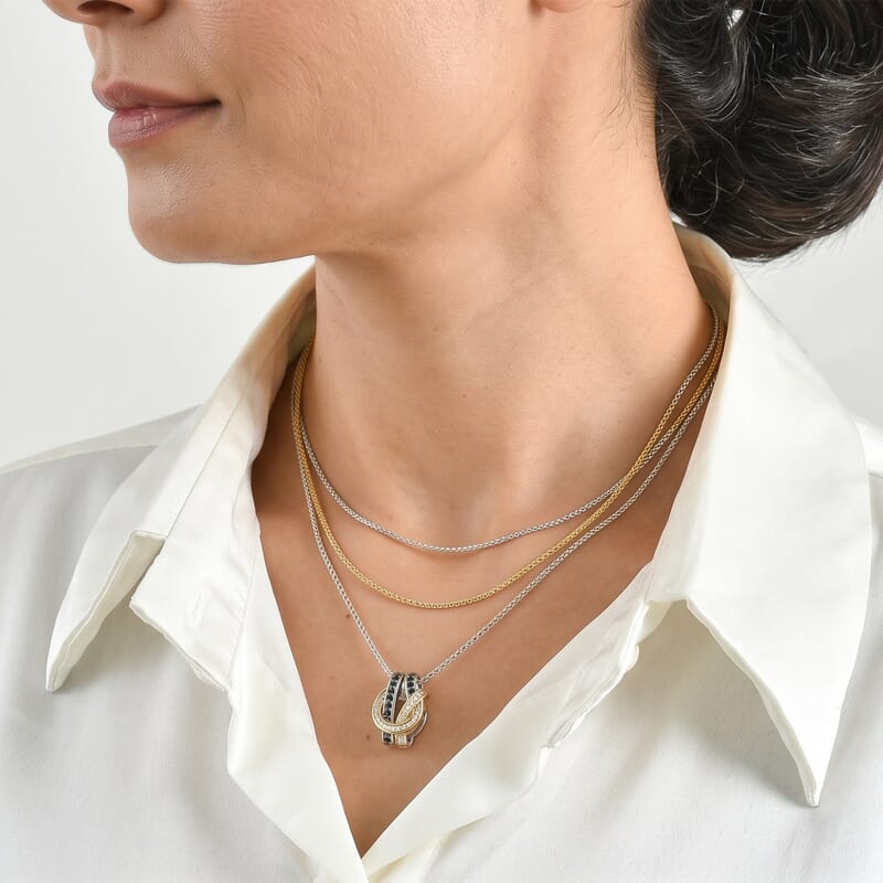D'Joy Black and White Diamond 0.75 ctw Bond Collection Pendant Necklace (20 Inches) in Rhodium Over and 18K YG Plated Sterling Silver