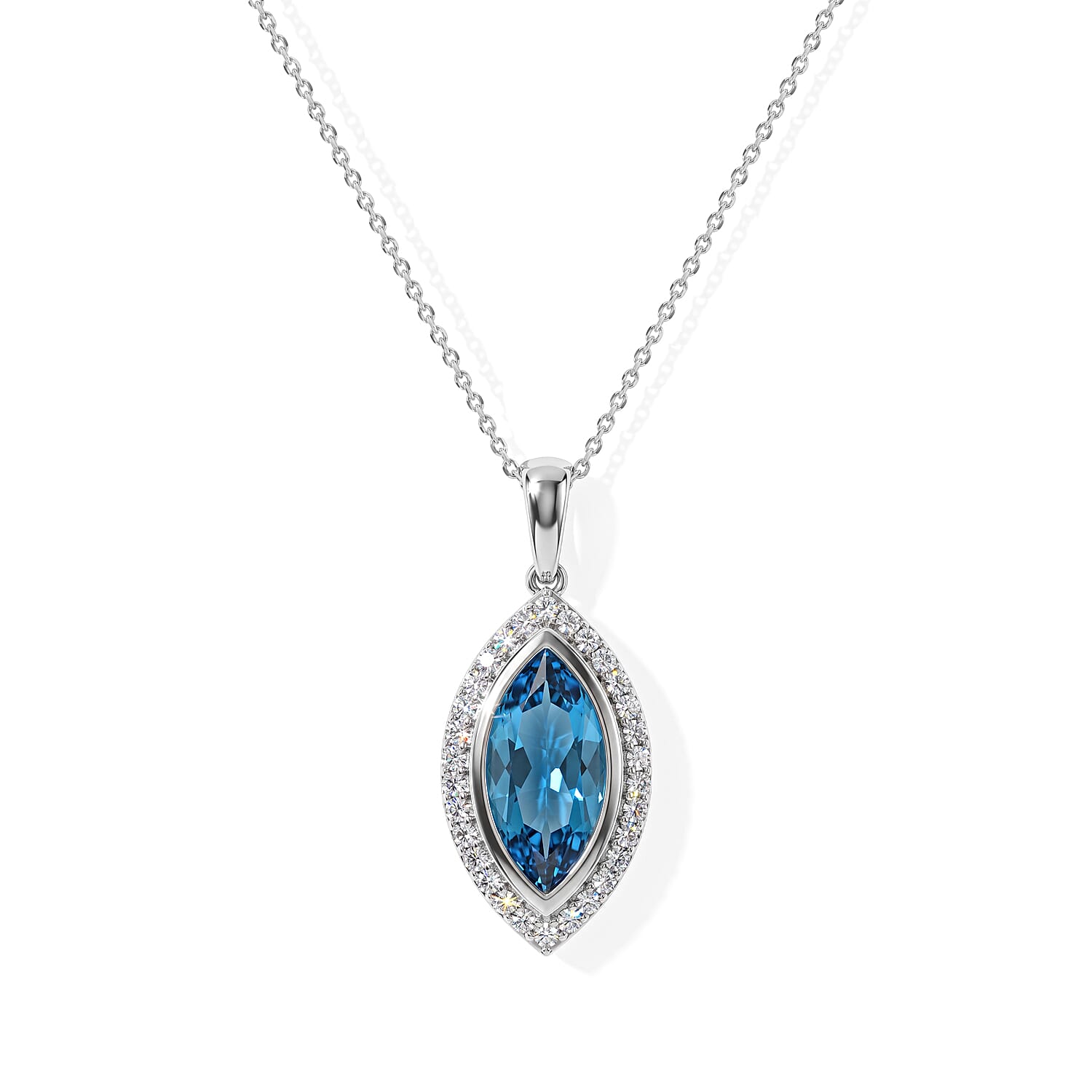 D''Joy Premium Certified Swiss Blue Topaz and Moissanite 5.30 ctw Pendant Necklace in Rhodium Over Sterling Silver 20 Inches