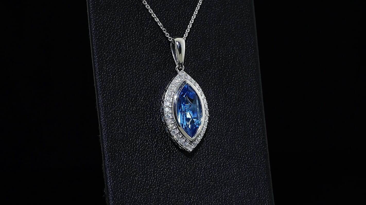 D''Joy Premium Certified Swiss Blue Topaz and Moissanite 5.30 ctw Pendant Necklace in Rhodium Over Sterling Silver 20 Inches