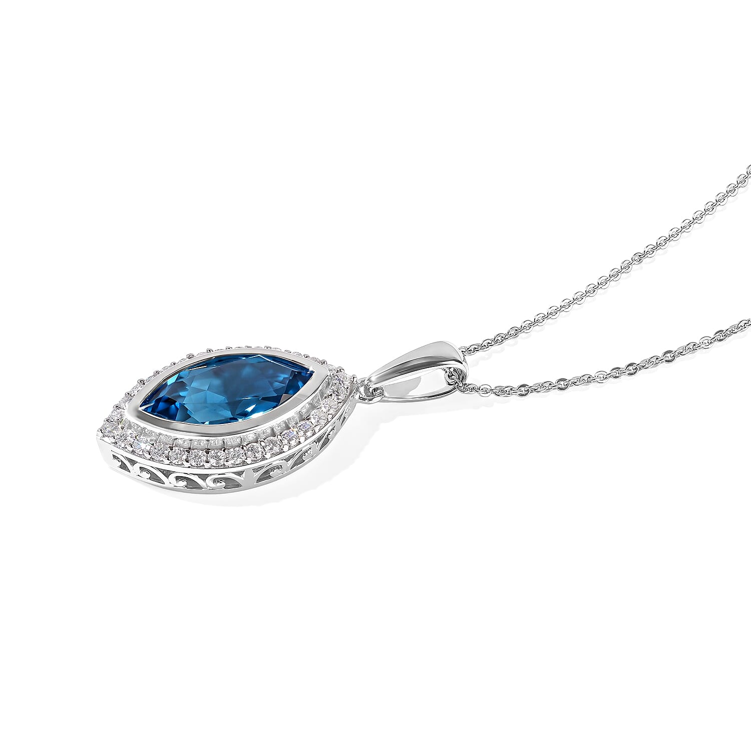 D'Joy Premium Swiss Blue Topaz and Moissanite 5.30 ctw Eternal Blue Pendant Necklace in Rhodium Over Sterling Silver 20 Inches