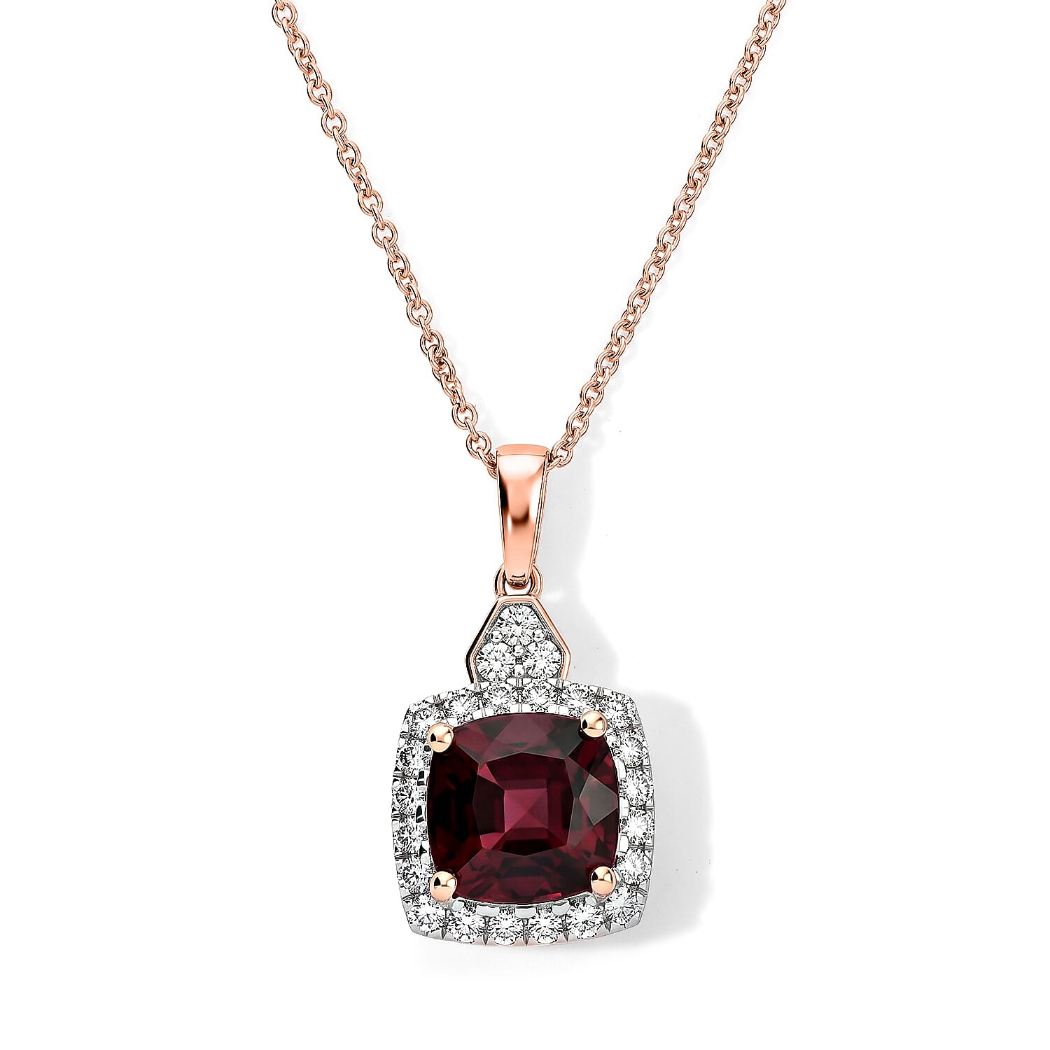 Certified and Appraised 10K Rose Gold AAA Tanzanian Mahenge Garnet, Luxuriant Lab Grown Diamond (G-H, SI) Pendant Necklace (18 Inches) 3.38 ctw