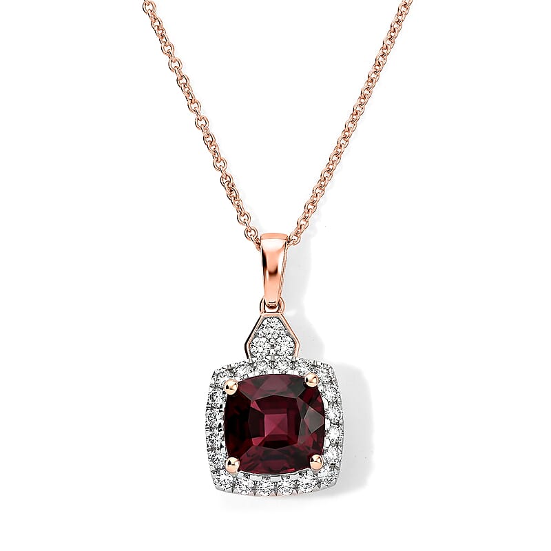 Certified and Appraised AAA Tanzanian Mahenge Garnet and Luxuriant Lab Grown Diamond G-H SI 3.38 ctw Pendant Necklace in 10K Rose Gold 18 Inches